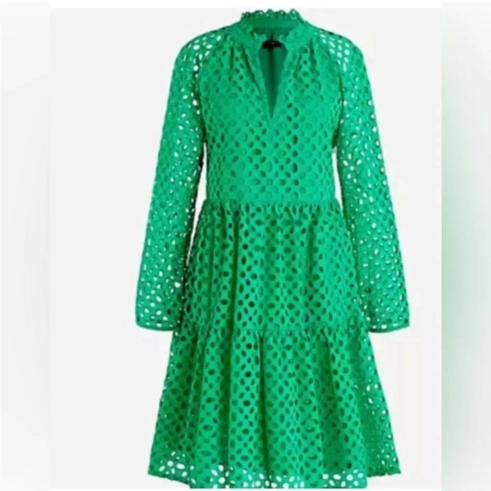 J Crew Tiered popover dress in embroidered eyelet Green size XS